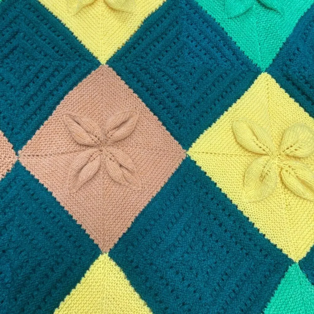 Hand Knit Afghan Granny Squares Green Yellow Brown